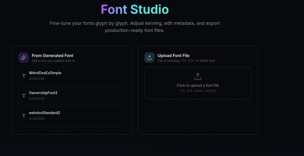 Font Studio landing page with cards for generated fonts, an upload area, and a list of existing sessions