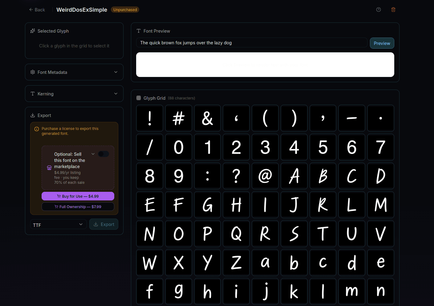 Font Studio editor with the glyph grid on the left, live preview at the top, and metadata controls on the right