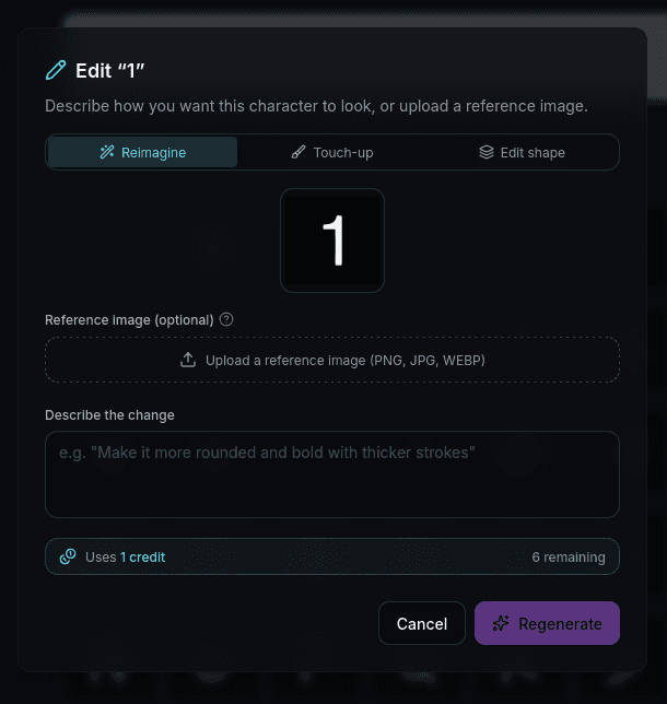 Glyph regeneration modal with a text prompt field, a reference image upload area, and an apply-to-variants toggle