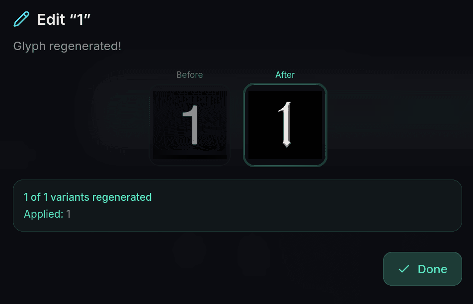 Reference image uploaded next to the glyph regeneration controls — the new generated glyph closely matches the reference