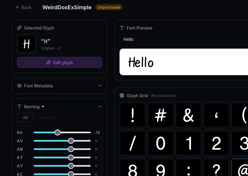 Kerning editor showing letter pairs with adjustable spacing values and a live preview at the top