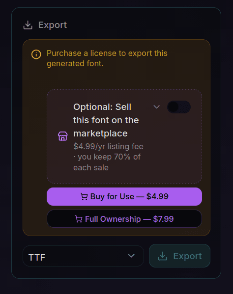 Export modal with TTF and OTF format toggles, license type selection, and a marketplace opt-in toggle
